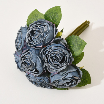 7 Head Stunning Silk Rose Bouquet - Dusty Blue - Dried Look