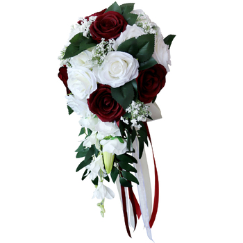 Bridal Teardrop Bouquet - Burgundy, White Roses