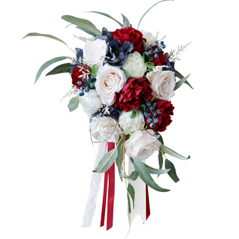Bridal Teardrop Bouquet - Red, Blue, Champagne roses