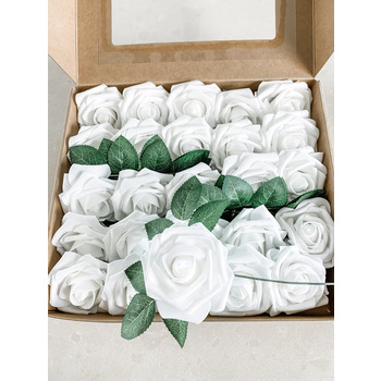 25pk - White Foam Roses - 7.6cm on pick