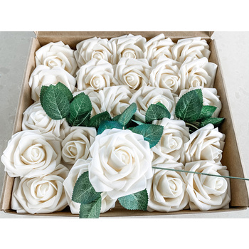 25pk - Ivory Foam Roses - 7.6cm on stem/pick