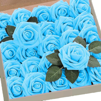 25pk - Bright Blue Foam Roses - 7.6cm on pick
