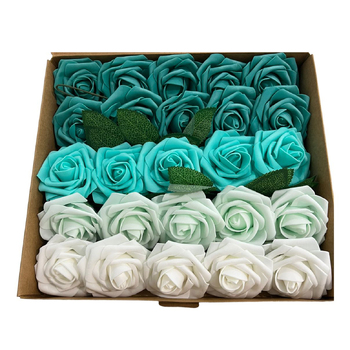 25pk - Mixed Foam Roses - 7.6cm on stem/pick - White to Turquoise