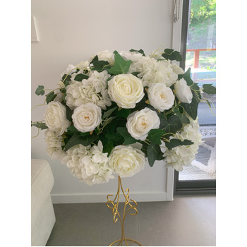 60cm Floral Rose/Hydrangea/Ivy Flower Ball Arrangement - White/Cream