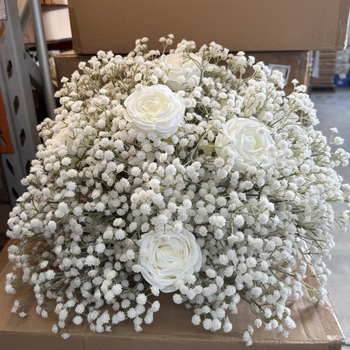50cm -  Rose & Babies Breath Flower Ball Arrangement - White/Cream