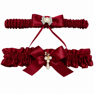 Satin Bridal Wedding Garter Burgundy  - 2pcs Set