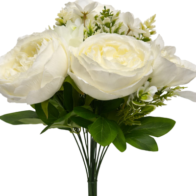 50cm - White/Cream 11 Head Peony and Mixed Flower Bush Artificial