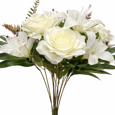 60cm - White Large 12 Stem Mixed Rose and Lily Flower Bush Artificial