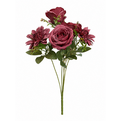 Artificial Dusty Burgundy Rose & Dahlia Bush 45cm