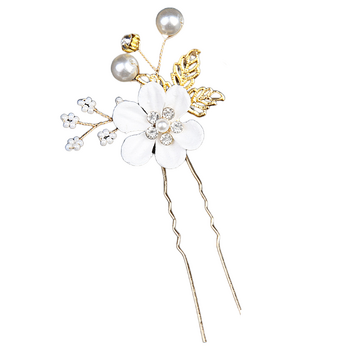 Hair Pin - Gold with Flowers, Pearls and Rhinestone