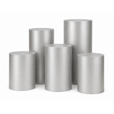 Set of 5 Matt Silver Round Metal Wedding Plinths – Factory Seconds