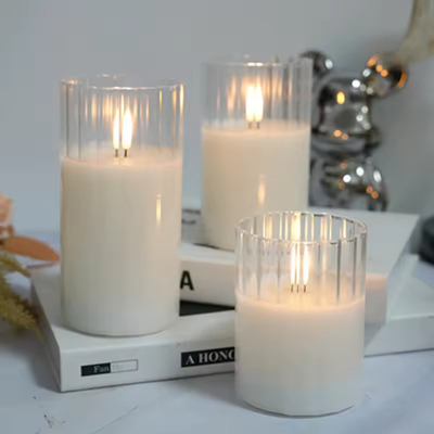 Ribbed Glass LED Pillar Candles – White Wax (Set of 3)