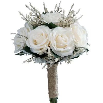 White/Ivory Rose Artificial Bridal Bouquet with Twine Handle