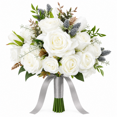 Artificial White Rose Bridal Bouquet with Grey Ribbon - 30cm