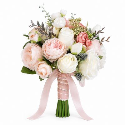 Artificial Blush Pink & White Peony Rose Bridal Bouquet - 30cm