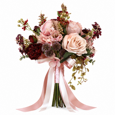 Artificial Burgundy, Blush Pink & Ivory Rose Peony Bridal Bouquet - 34cm