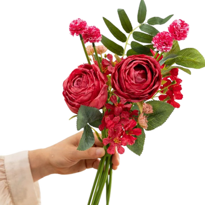 34cm Artificial Mixed Rose Flower Vase Bouquet – Dusty Red