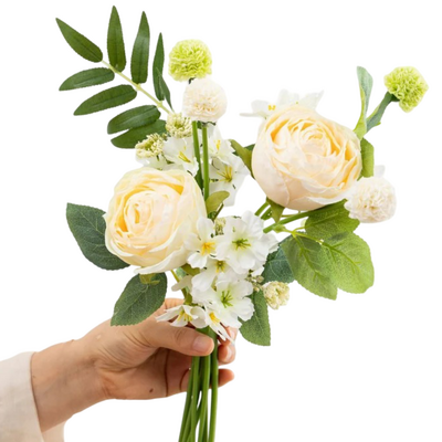 34cm Artificial Mixed Rose Flower Vase Bouquet – Cream/Peach
