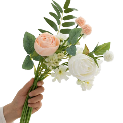 34cm Artificial Mixed Rose Flower Vase Bouquet – White/Pink