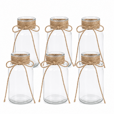 Set of 6 Clear Glass Bud Vases with Rustic Jute Ribbon