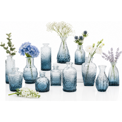 Blue Glass Bud Vase Set – 12pcs (3 Sizes)