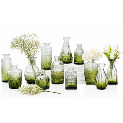 Green Glass Bud Vase Set – 12pcs (3 Sizes)