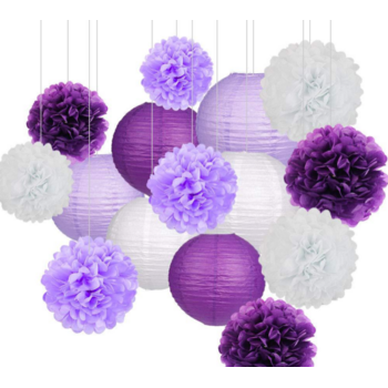 15pcs Purple/White Paper Party Lantern Decoration Set 