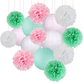 15pcs Mint/Pink Paper Party Lantern/PomPom Decoration Set