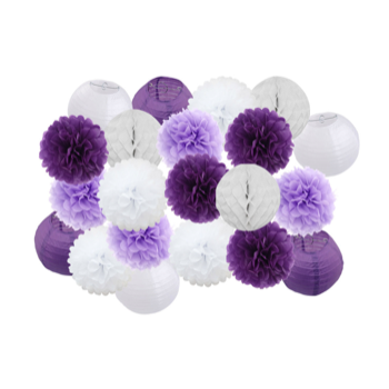 21pcs  Purple/Lavender/White Paper Party Lantern/PomPom Decoration Set