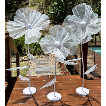 Set of 3 White Giant Organza Flower Stands - 1.7m, 1.4m, 1.2m
