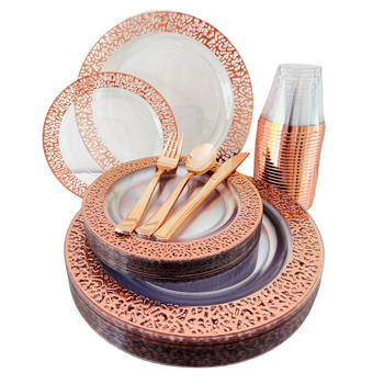 thumb_25 Person 150pc Plastic Dinner Set - Rose Gold/Clear