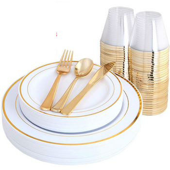 25 Person 150pc Plastic Dinner Set - White/Gold Rimmed