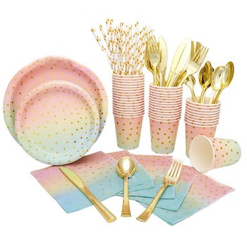 24 Person 192pc Blue/Pink Gold Dot - Paper Party Plate Set