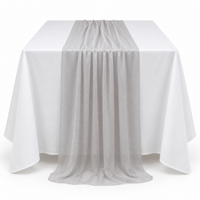 70cm x 3m Shimmer Chiffon Table Runner – Silver