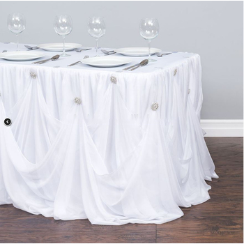 White Princess Style Table Skirting W/ Brooches 5.2m - Ready to hang