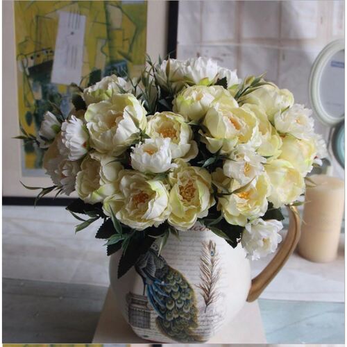 Large View 8 Head Small Yellow/White Peony Filler Flower Bunch