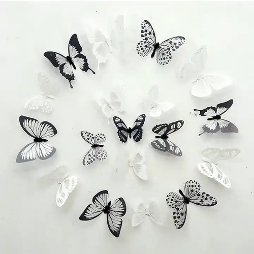 Large View 18pc - 3d Butterflies Black and White with Glitter - Wall Stickers/Decorations