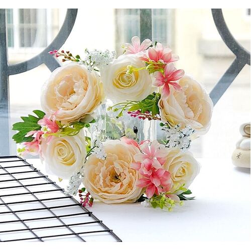 Large View Cream/Pink Rose Wreath/Candle Ring - 6 head 30cm diameter