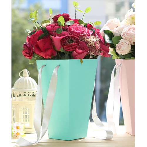 Large View 27cm Turquoise Flower/Posy Box with Black Ribbons (seconds)
