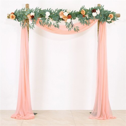 Large View Chiffon Backdrop Curtain Kit W/ Flowers - Dusty Peach