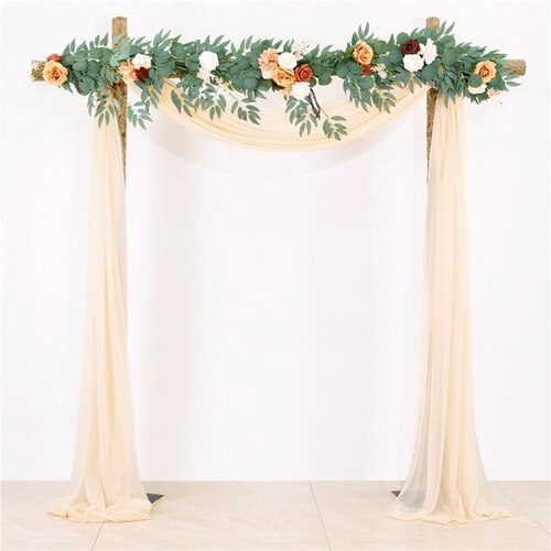 Large View Chiffon Backdrop Curtain Kit W/ Flowers - Ivory