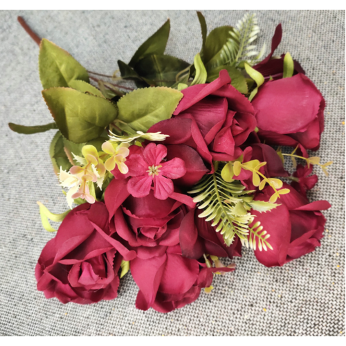 Large View 55cm - 11 Head Rose Bud Bush Red/Burgundy