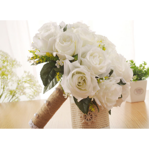 Large View White Rose Bridal Bouquet - Burlap Wrapped Handle