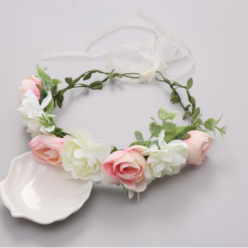 Large View Cottage Rose Flower Crown - Pink/White