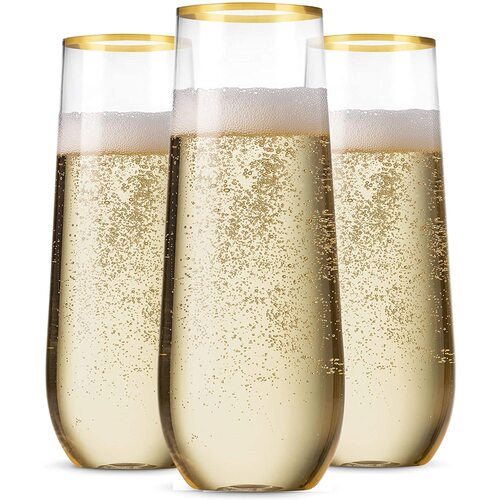Large View Disposable Champagne Flutes - Gold Rim (Pack of 24)
