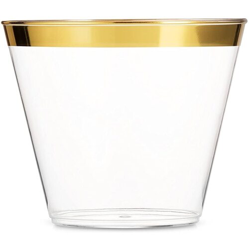 Large View 50pk x 270ml Gold Rimmed Plastic Cups General Purpose Glass