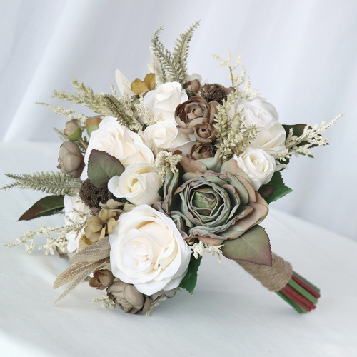 Large View Mixed Flower Bridal Posey Bouquet 25cm - White, Brown, Naturals
