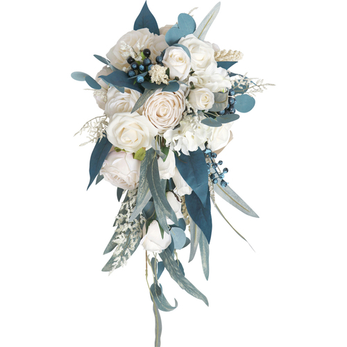 Large View Bridal Teardrop Bouquet - Ivory, Dusty Blue, Naturals