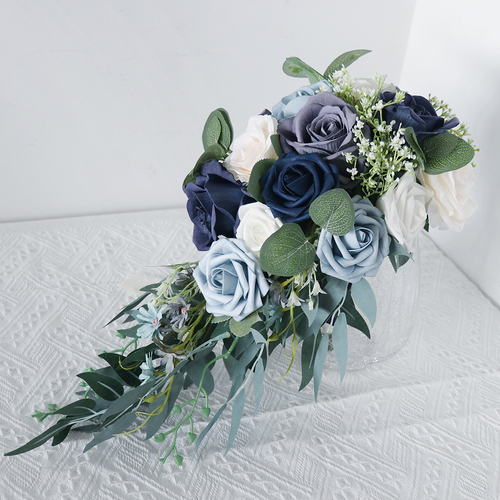 Large View Bridal Teardrop Bouquet - Blue/White/Navy