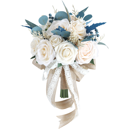 Large View Bridal Posey Bouquet - Ivory, Dusty Blue, Naturals